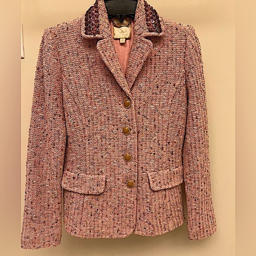 St. John Blush Tweed Blazer with Beaded Collar